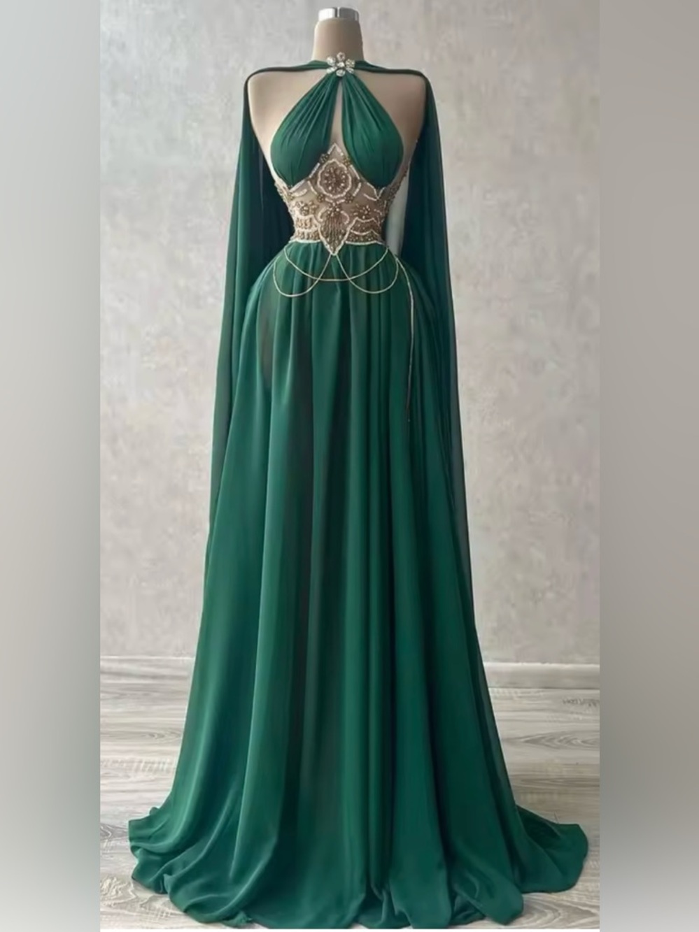 Emerald Green Chiffon Evening Dress with Ivory Embellished Bodice